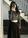 260G Cotton Autumn With Long Sleeves Hottie Hit Stripe One-Word Female Short-Cut Bottom Shirt