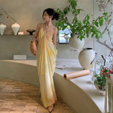 Yellow Temperament Seaside Resort Windy Dress Fainting V-Neck Zipper Sling Dress Women's Summer