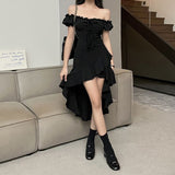 2026 Spring And Summer New Black Lotus Side Irregular Dress Women's Shoulder Shoulder Sexy Irregular Dress