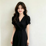 Korean Chic Summer Temperament Elegant Cross V Tie Tie Brings Waist Skinny Bubble Sleeve Medium Long Dress Woman
