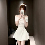 Light Luxury Rich Family Gold Pure Color Shoulder Dress Girl Small Man Waist A Short Dress Summer