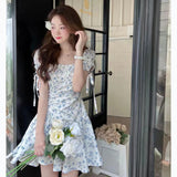 Gentle Wind Blue Mashed Flower Bubble Sleeve Dress Short Sleeve 2025 Summer New French Style Collar Thin Short Skirt Tide