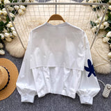 Korean Version Of Embroidery Patch Striped Temperament Shirt Women Summer Long Sleeves Loose Cardigan Design Sense Niche Commuter Top