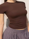 Ins Sexy Pure Desire Tight-Up Thread High-Bomb Short-Sleeved Women T-Shirts With Round Body Collar Solid-Color Bottom Top Women