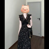 Black Lace Spliced Broken Floral Dress 2025 Summer Holiday Style French Temperament Unique Beautiful Threotier