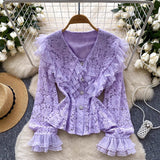 French Name Lace Splicing Doll Collar Horn Lace Lace Truss Lace Truss Truss Tucked Single Buckle Thin Sleeve Shirt