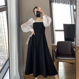 Long-Sleeved Black Fried Street Hao Benfeng Dress Woman's New Spring And Autumn Splicing Square Lead French Dress Retro A Skirt