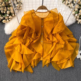 Round Collar Irregular Lotus Leaf Side Long Sleeve Loose Single-D Row Buckle Shirt Women's Spring And Autumn Design Sense French Casual Top
