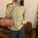 KANING Korean Scissors Collar Thin Knitted Cardigan 2026 Autumn New Long-Sleeved Knitted Bottom Sweater Woman