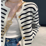 KANING Striped Round Collar Small Fragrant Knitted Cardigan 2026 Autumn French Loose Short Outer Sweater Coat