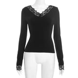 Purely Sexy New V-Neck Lace Lace Long-Sleeved T-Shirt Girl Spring And Autumn Hottie Slim Slimming Bottom Top Woman Tide
