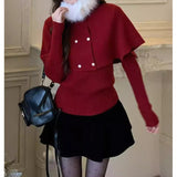 KANING New Year Red Sweater Furry Collared Woman Winter Cloak Shawl Long-Sleeved Bottom Knitted Two Sets Of Women