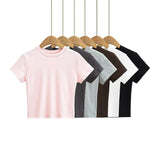 Vintage Summer Basic Short-Term Navel Collar Short-Sleeved T-Shirt Solid Elastic Bottom Top