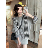 Crash Striped Shawl Folded Through The Korean Loose Long-Sleeved Edgy High-Waisted Rope Half-Dress Women's Early Autumn Two Sets Of Tide