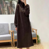 Autumn And Winter Commute Wind Solid Color Button High-Collar Dress Women Loose Waist Cover Meat Age Over The Knee Long Clock Dress