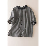 Non-Real-Sleeved Cotton Plaid Short-Sleeved Shirt Women's Summer Senshi Literary And Art Doll Collar Age Reduction Loose Shirt