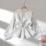Long-Sleeved Shirt Female Design Sense Of A Small Three-Dimensional Pressure Folding Lotus Leaves Side Lean Temperament Spring Dress Top Woman