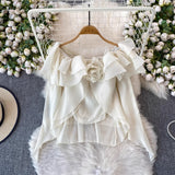 Super Good-Looking Sweet Age-Bearing Leaf Side Three-Dimensional Flower Shoulder Shirt Female Niche Fairy Irregular Shirt Winter