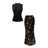 French Retro Temperament Floral Half-Dress Skinny Vest Female Sexy Hot Ass Skirt Set