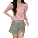 Korean Version Of The Pure Color Simple Square Collar Short-Sleeved Knitting Shirt Casual Age Reduction Slim Slim Short-Term Blouse