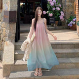 Sweet Gradient Beach Folded Sling Dress Women's Summer Vacation Style Loose Waist A-Shaped Dress