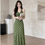 Fresh Green Lattice Out-Shoulder Hanging Neck Dress Female Xia Sen Style Temperament High Tice With A-Word Dress