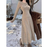 Female Yang Gas V-Neck Waist-Coat Knitted Skirt Solid Color Dress In The Long Dress French Temperament Knitted Spring And Autumn