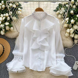 Drilled Lotus Loaf Collar Long-Sleeved Shirt Women Autumn Waist Temperament Chiffon Shirt Design Feel Beautiful Gold Feeling Top