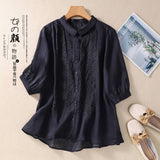 Real Shooting 2026 Summer New Seven-Sleeved Embroidered Cotton Loose Shirt Women's Literary And Art Retro Design Cotton T-Shirt