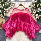 Light Luxury High-End Blouse Women Summer Lotus Edge Mesh Splicing Design Loose Famous Sister Top