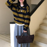 KANING Retro Striped Polo Collar Knitted Shirt 2026 New Women's Collar Collar Hooded Sweater For Women