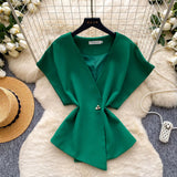 Korean Version Of The Commuter Style V Collar Short Sleeve Loose Shirt Women's Summer Design Sense Of Irregular Cardigan Temperament Tops Niche