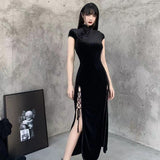 Vintage Chinese Velvet Cheongsam Improved Dress New Chinese Open Fork Tall Cool Black Temperament Long Dress