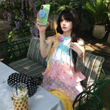 Color Three-Dimensional Flowers Open Shoulder Wave Point Hanging Neck Dress Women Summer Sweet Wind Splicing Cake Skirt Skirt Skirt