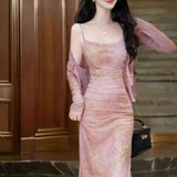 Spring And Summer Tie Dyed Folded Sling Dress Embody H-Shaped Dress + Long-Sleeved Sunshade Woman Two-Piece