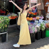 Yellow Broken Flower Hanging Dresses Women's Summer Sleeveless Vestal Dress French Sweet Wind Roller-Sleeve-Length Dress A-Character Skirt