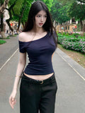 Ins Pure Hot Girl Shoulder Collar Temperament Body Short Sleeve T-Shirt Female Tightness Bottom Hottie Top Female Tide