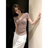 Summer Oat Color V-Neck Pure Want To Show Thin T-Shirt Girl New Slim Waist Short Sleeve Kinetic Design Sense
