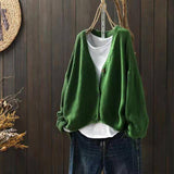 Autumn Literary And Art Collar Loose Solid Cotton Knitted Cardigan Women's Leisure Single-Dcupuncture Short Sweater Jacket