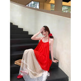 Dopamine Wears Red Bare Shoulder-Backed Neck Chiffon Shirt + Holiday Wind Skirt Skirt Long Skirt Two Sets