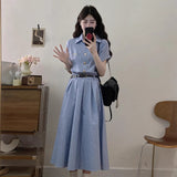 New French High-End Blue Striped Shirt Dress Female Summer Polo Dress