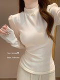 Dey-Ling Shirt Women's Clothing Autumn And Winter 2026 New Long-Sleeved White T-Shirt Women's Half-High Collar Top
