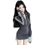 Ins Pure Lust Long-Sleeved Bag Hip Dress POLO Folded Zipper Spring And Autumn Hottie Repair Tie With Short Skirt