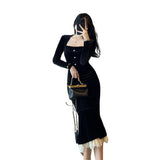 French Collar Black Fishtail Dress Women Winter Retro Velvet Bag Hip Dress Temperament Long Dress