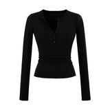 V-Neck Button Long-Sleeved T-Shirt V Collar Slimming Top New
