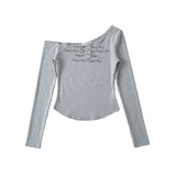Spice Girls Personality Autumn New Letter Personality Slant Shoulder T-Shirt Collar Short Fashion Long Sleeve Bottom