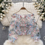 One-Word Shoulder Mesh Embroidery Perspective Shirt For Women's Summer Loose Bubble Sleeve Short Hoodie Long-Sleeved Lace Shirt