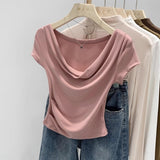 Ins Design Collared Shoulder T-Shirt Women's Short-Sleeved Summer Short-Sleeved Bloat To The Waist Sexy Pure Lust Sympathetic Girl