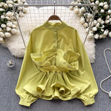 French Light Luxury Famous High-End Bubble Bubble Sleeve Shirt Women Autumn Waist Lotus Leaf Side Design Niche Super Fairy Top