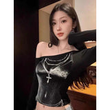 Vintage Hottie Sexy Out-Shoulder Long-Sleeved T-Shirt Girl Spring New Slimming Inside Black Blouse Tide